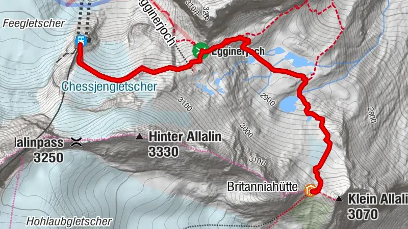 Chemin de randonnée hivernale Britanniahütte (via Felskinn - Egginerjoch)